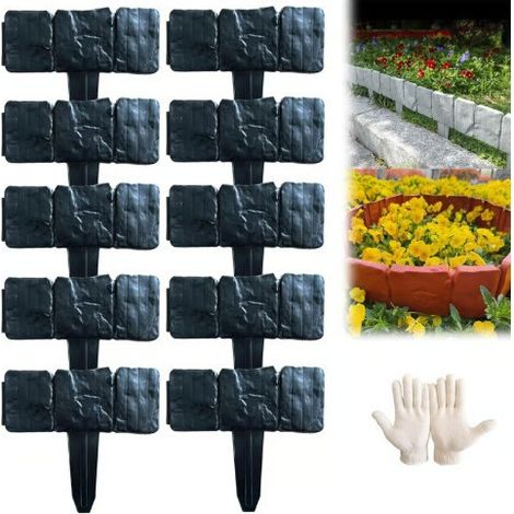 Gartenzaun in Steinoptik – DIY-Gartenbegrenzung in Steinform, kleine Zauneinfassung für Blumenbeete und Gärten im Innenhof – D-Set (10-teilig)