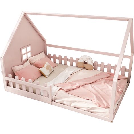 Lit cabane enfant 140x200 cm rose, cadre en pin et MDF, avec barrières de sécurité, style maison pour chambre fille et déco douce - CHICFURN (1/5)