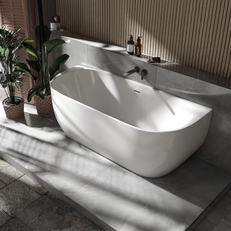 BERNSTEIN - Baignoire murale semi-îlot Acrylique Ovale + Bonde et trop plein - Blanc mat - 170x75x58cm - Garantie 5 ans - LENA