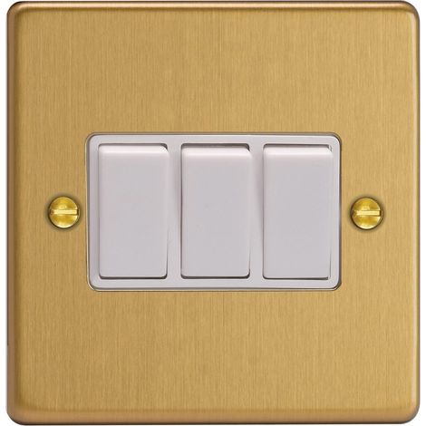 Varilight 3-Gang 10A Rocker Light Switch, Brushed Brass, 1 or 2-Way