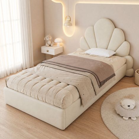 Cama individual 90x200 cm beige en terciopelo con cabecero floral y somier de láminas (1/5)