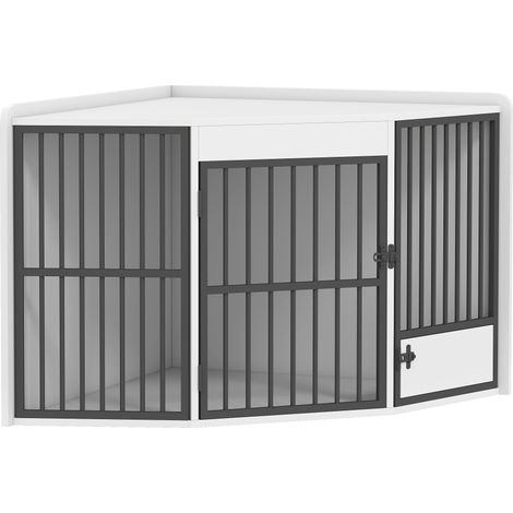 Cage pour chien meuble pour petits et moyens chiens niche d'interieur porte de nourrissage MDF Metal Blanc