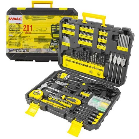 WMC Tools Caja de herramientas rellena de 201 piezas universal para el hogar, dacha, garaje, con brocas, taladros, alicates de martillo y más en caja robusta de ABS para montaje de reparaciones