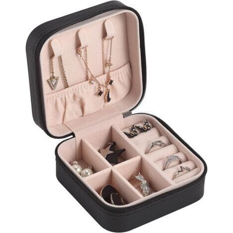 Boîte à bijoux de voyage, petite boîte à bijoux, boîte de rangement de voyage portable pour bagues, boucles d'oreilles, colliers, bracelets, cadeaux pour dames et filles, noir (1/5)