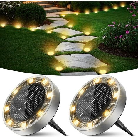Lumiere Solaire Au Sol Lot de 2, Lampe Solaire Exterieur Jardin 8 LED, Étanche Spot Solaire Extérieur pour Chemins Allée Pelouse Terrasse Cour Piscine[Blanc Chaud] (1/5)
