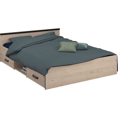 Cama Solstice de Dormitorio Estilo Industrial en color Roble Jackson y Negro con 2 cajones 135-140x190 cm (1/5)