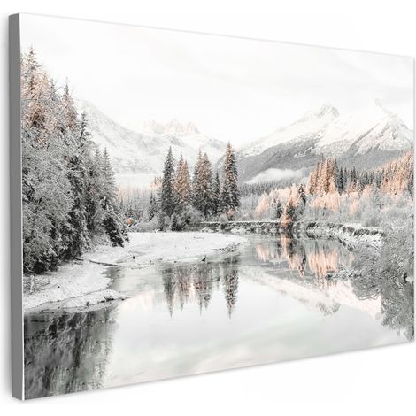 TABLEAU SUR TOILE Nature - Hiver - Arbres - Montagnes - Neige Toile Peinture Grand Format XXL 150x100 cm