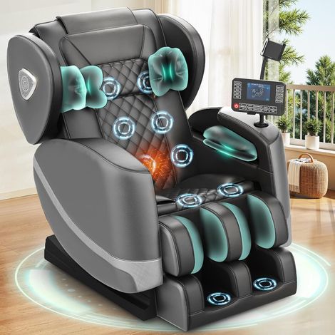Fauteuil de massage avec 14 rouleaux, 8 coussins d'air et fonction zéro gravité – haut-parleur Bluetooth, écran tactile, support pour téléphone, chauffage lombaire et des jambes, gris foncé