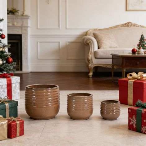 Lot de 3 pots céramique artisanaux, brun clair brillant structure vagues horizontales, respirant et résistant au gel, diamètre 36/26/20 cm, pour jardin et balcon (1/5)
