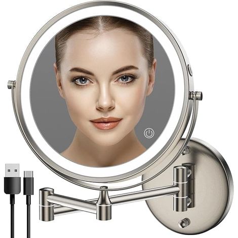 Espejo de maquillaje recargable de pared – diseño de doble cara, aumento de 1x/5x/10x, 3 temperaturas de color ajustables TFTF Marrón claro