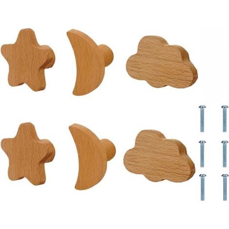 Boutons d'armoire - Non spécifié - Nuage Étoile Lune - Bois - Lot de 6 - 55 mm de diamètre (1/4)