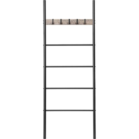 Porte-Serviettes sur Pied, Étagère Échelle, 5 Amovibles Crochets, 60 x 2 x 177 cm, Petits Espaces, Stable, pour couvertures, vêtement, journaux, Grège et Noir (1/5)