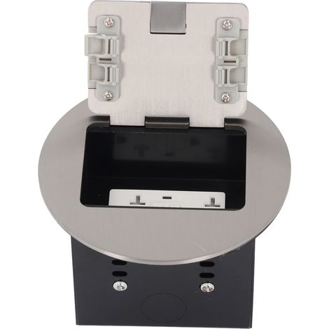 Prise de sol encastrable 20A 2500W, boîtier rond en acier inoxydable avec 2 prises standard à 3 broches, kit de boîte de réceptacle électrique argenté (1/5)