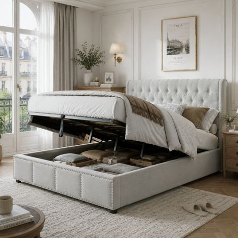 Lit capitonné en coton et lin avec vérin hydraulique et coffre de rangement, décor clouté, 180x200 cm, gris clair, sans matelas, idéal pour chambre moderne (1/5)