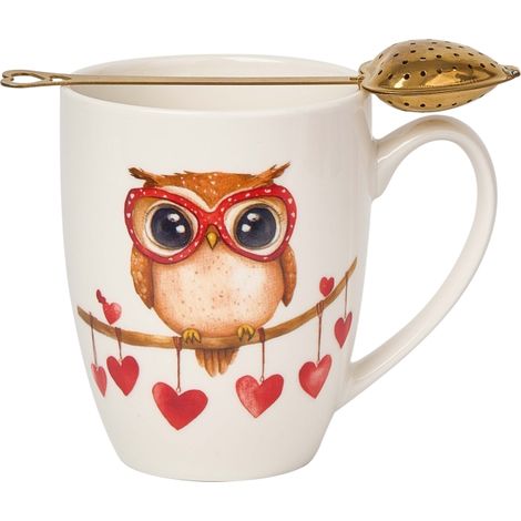 Porzellantasse mit Teesieb, 360 ml – Valentinstagsgeschenk mit Eulenherzen (1/5)