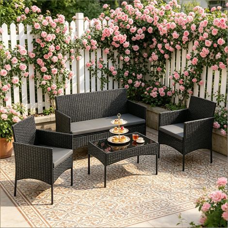 Salon de jardin 4 places avec canapé 2 places 2 fauteuils et table basse design élégant PE rotin structure métal coussins confortables (1/5)