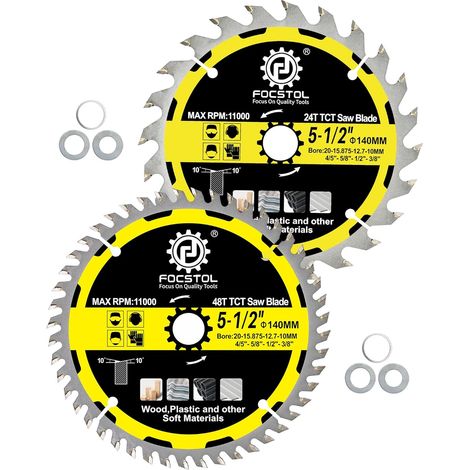 Lame de Scie Circulaire à Bois 140mm x 20mm - 2 Pièces Disque Coupe Bois 24+48 Dents pour Couper Contreplaqué, Panneaux Particules, Plastiques et Autres Matériaux Souples (1/5)