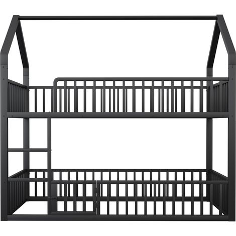 Lit superposé pour enfants 90200, lit double en métal, lit familial pour enfants, lit superposé avec escalier, design loft, lit inférieur avec petite porte ouvrable et fermable, noir (1/5)