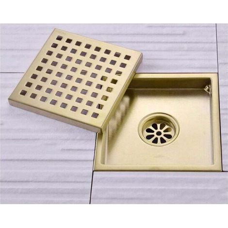 Caniveau de Douche Or Acier Inoxydable Carré 15x15cm Drain de Douche Siphon de Sol Drain de Plancher avec Couvercle de Siphon de Sol, Noyau DéSodorisant en Laiton,Brushed Gold [Classe énergétique A], (1/4)