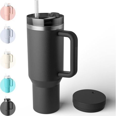 Gobelet isotherme de 1,2 litre avec paille et couvercle, compatible lave-vaisselle, double paroi en acier inoxydable, noir (1/5)