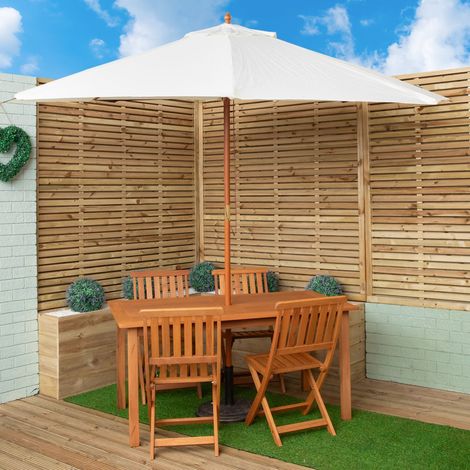 Outdoor 4 Person Rectangular Wooden Garden Dining Table Chairs with Cream Parasol and Base Set (1/5)