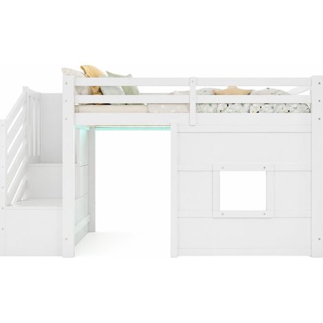 Lit mezzanine 90x200 avec escalier de rangement, fenêtre décorative, LED intégrée et structure bois blanc, pour chambre enfant gain de place  CHICFURN (1/5)