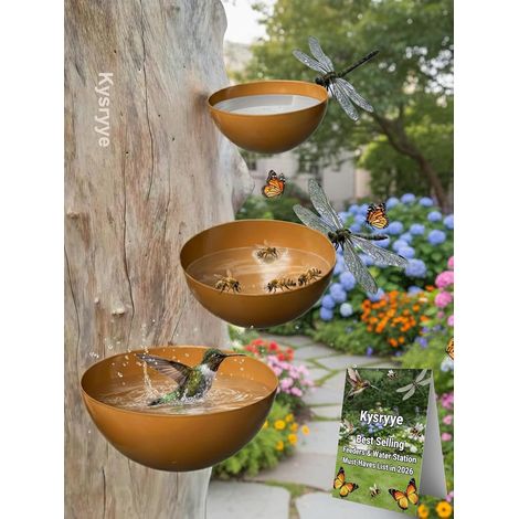 Tasse à insectes à suspendre - Mangeoire à oiseaux - Fait à la main - En métal rustique à 3 niveaux - Bains d'oiseaux décoratifs - Station d'eau - Attrape-pluie - Sculpture d'art pour jardin (style 2) (1/5)