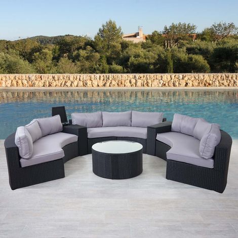 Luxus Poly-Rattan-Garnitur Lier, Sitzgruppe Lounge-Set, XXL Sofa rund, anthrazit Kissen grau (1/5)