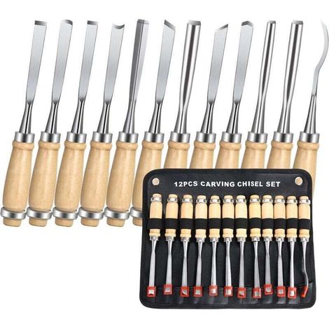 Ciseaux a Bois, 12PCS Outil de Gravure Bois Kit, Décapage Couteau Sculpture sur Bois avec Manche en Bois et Moulinet, pour Débutants, Sculpteur, Charpentier, Amateur (1/4)