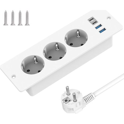 Prise Encastrable de Table avec 2 USB-A et 2 Type-C, Multiprise Intégrée 3 Prises avec Câble 2m, Prise de Table, Multiprise pour Meuble ou Plan de Travail, Blanc Multiprise avec câble de 2 m, prise d (1/5)