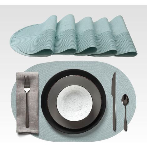 Lot de 6 sets de table enroulables antidérapants 45 x 30 cm - Sets de table tissés ovales, lavables, bleu océan, en PP (1/5)