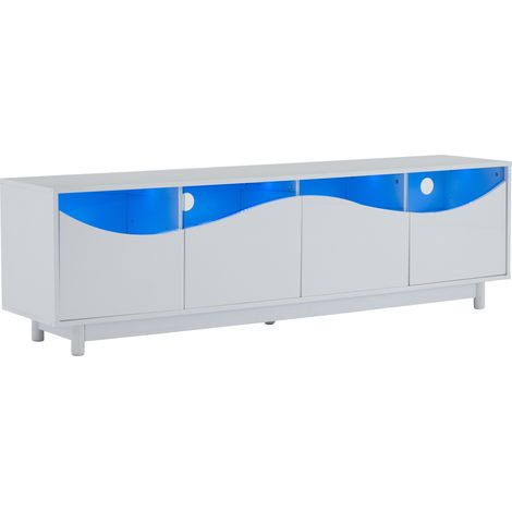 Mueble TV blanco brillante curvo de MDF y vidrio templado con LED, 175 x 38 x 51 cm (1/5)