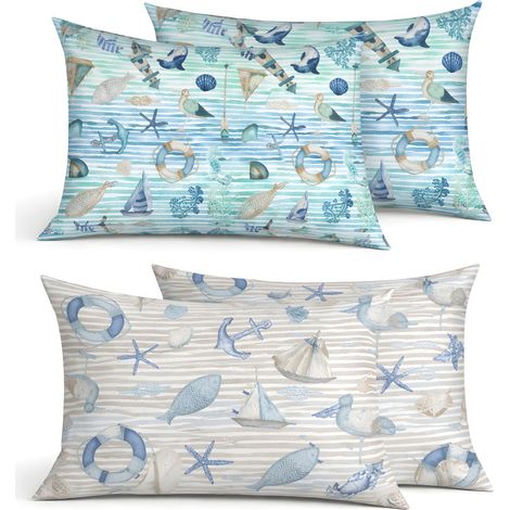Coppia Federe Cuscino Letto Con Bottoni Laterali 100% Cotone Disegno Mare GI, misuraFederecoloreAzzurro