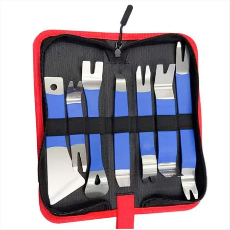 Questo kit di attrezzi è progettato per smontare interni di automobili, cruscotti, autoradio e impianti audio. Include attrezzi di riparazione e leve.
