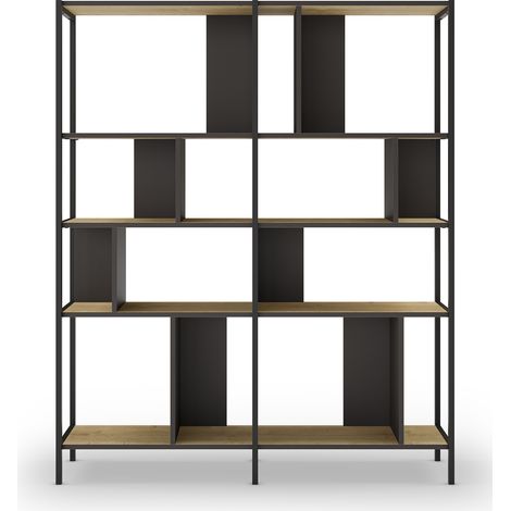 Bibliothèque, meuble étagère aspect bois coloris chêne et métal noir - Longueur 144 x Profondeur 35 x Hauteur 175 cm (1/5)