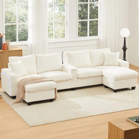 Divano angolare a U in velluto a coste beige, 2 pouf, lampada da lettura, USB/Type-C HAVRYA (1/5)