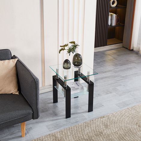Quadratischer Beistelltisch mit Platte und Ablage aus Gehärtetem Glas, für Wohnzimmer, Küche oder Büro, Transparent (1/5)