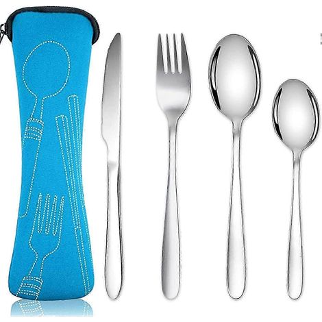 Ensemble de couverts portables avec étui, ensemble d'ustensiles de cuisine en acier inoxydable pour le camping (4 pièces, bleu ciel) (1/2)