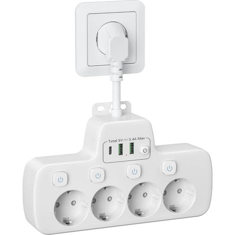 Multiprise avec Interrupteur Individuel,Prise Multiple 10cm Câble Court Bloc Multiprise USB C avec 4 Prises 3 Chargeur USB,Adaptateur Prise,Rallonge Electrique Pour Cuisine,Maison et Bureau,Blanc (1/5)