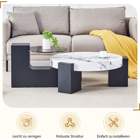 Table d'appoint ronde 2 niveaux design italien, plateau effet marbre blanc et verre gris, pieds MDF noirs en L, démontable, Ø61cm + Ø44cm (1/5)