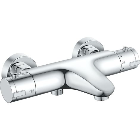 Mitigeur Douche Thermostatique, Mitigeur Baignoire Thermostatique en Laiton, Robinet de Baignoire avec Thermostat Arrêt de Sécurité à 38°C, Mural Robinet de Douche avec 2 Sorties Chromé (1/5)