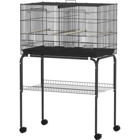 Cage à oiseaux avec séparateur, mangeoires, bac amovible, support, canaris perruches 76x46x46/116cm Noir (1/5)