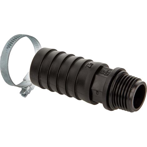 tecuro gerade Schlauchtülle Ø 25 mm x 1/2 Zoll AG mit O-Ring NBR, mit Edelstahlschlauchschelle, PP-schwarz (1/5)