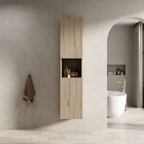 Armario de baño alto 160 cm con 2 puertas y hueco abierto, roble blanco, OKMYHOME (1/5)