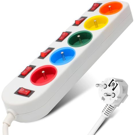 Bloc Multiprise électrique Couleur 5 Prises avec Interrupteurs Individuels Lumineux et Commande Générale Câble 150 cm et Autocollants de Colorés pour Identification Facile Bureau Salon (1/5)