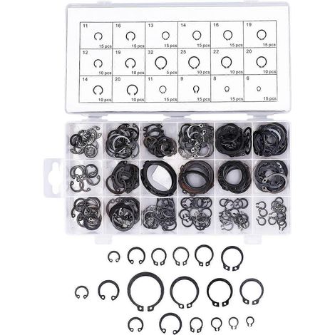 Kit de 225 pièces comprenant des circlips, anneaux élastiques et fixations pour machines et véhicules. (1/4)