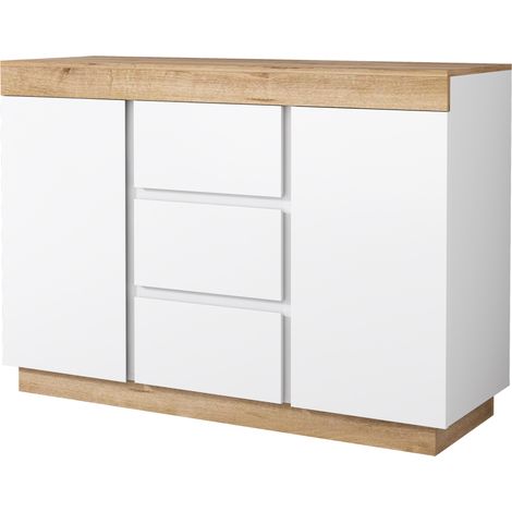 Comò con 3 cassetti e 2 ante in truciolare E1 bianco e rovere (1/5)