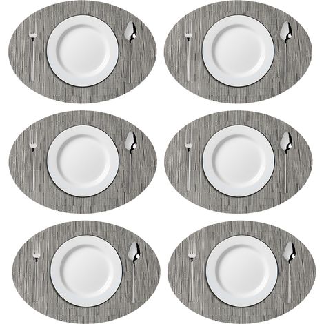 Sets de table ovales en vinyle tissé imitation bambou, résistants à la chaleur et lavables, pour table de cuisine (gris)