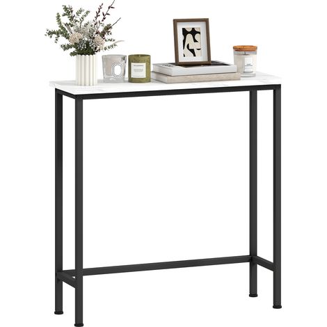 Eingangskonsole 75 cm, Konsolentisch mit weißer Marmoroptik-Platte, schwarzem Metallgestell, modernes Design für Wohnzimmer oder Flur.