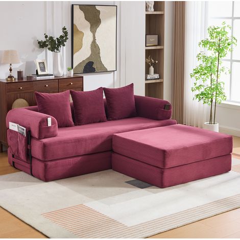 Divano modulare in velluto a coste con pouf, metallo, tasca laterale e 3 cuscini, bordeaux (1/5)